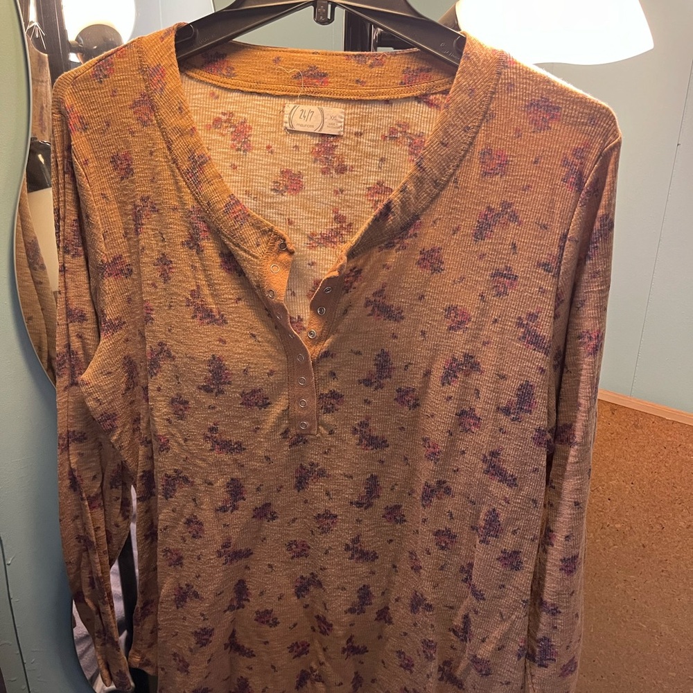 Maurices Tan and Purple Floral Blouse